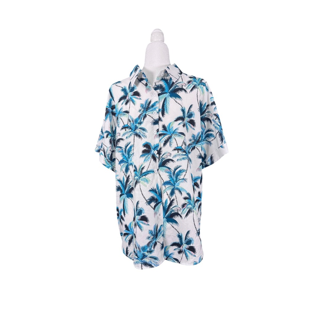 Fantaslook Button Down Shirt White Blue Tropical Palm Tree Print Mens Large